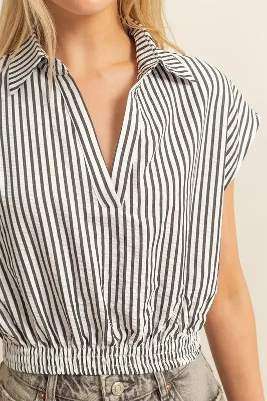 Trendsi Striped Blouse Women's Casual Top Elastic Hem Cap Sleeve Shirt