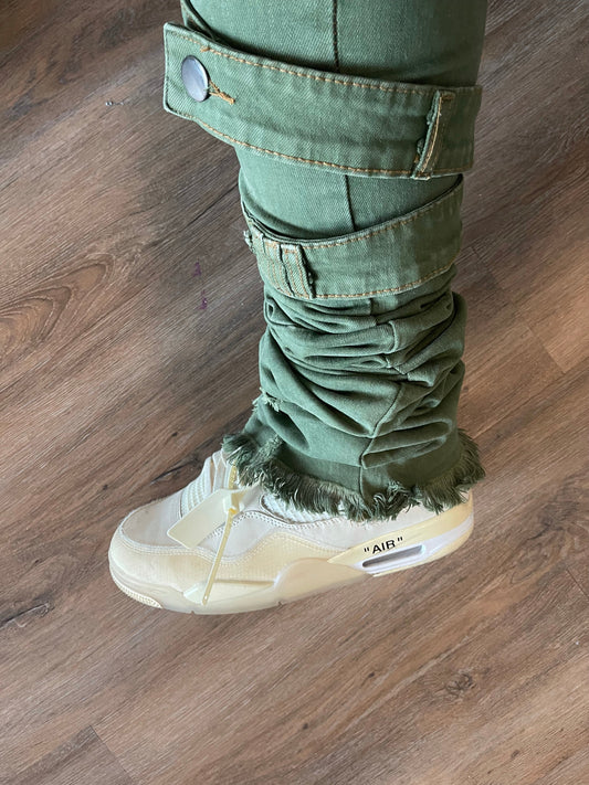 Distressed Ash Olive Stacked Denims w/ Shin Belt