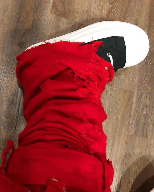 Red Super Stacked Distressed Denims w/ Belt Loop