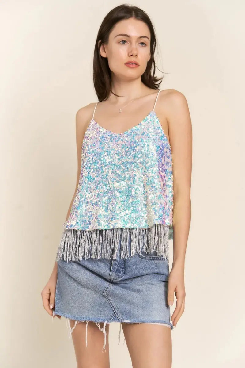 Sequin Cami Top - Tassel Hem - Party Club Glam Flowy