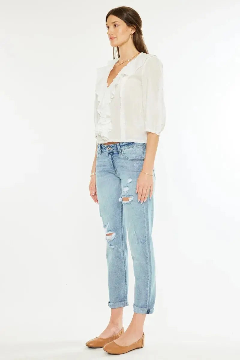 Boyfriend Jeans - Distressed Mid Rise - Women's