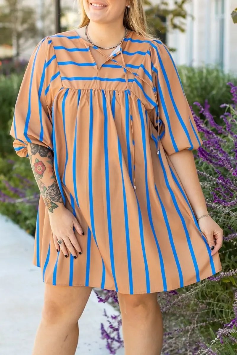 Love Salve Khaki Stripe Dress Women's Plus Size Babydoll Dress Cute & Comfy