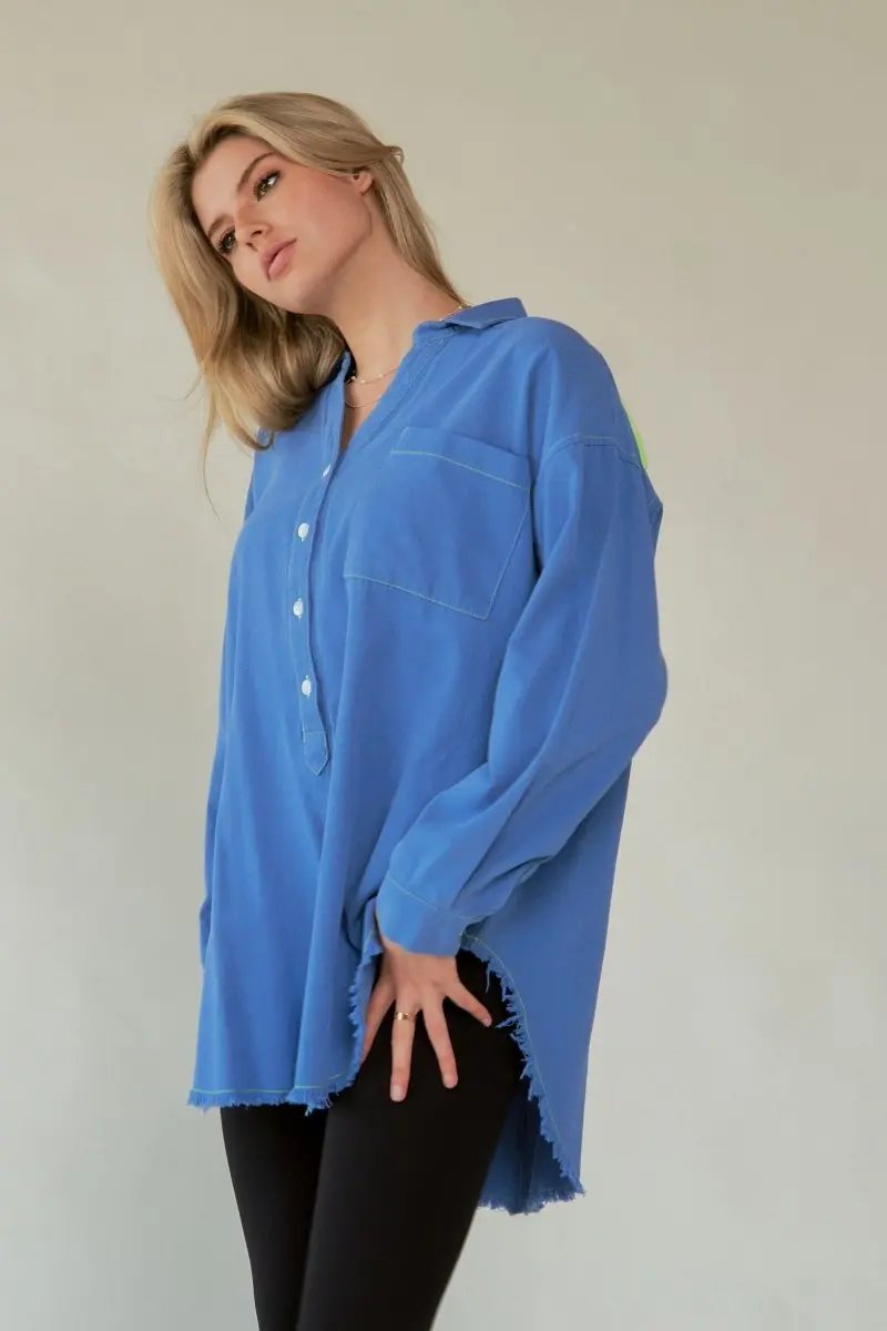 Lettered Button-Up Shirt - Raw Hem - Women's Trendy & Comfy