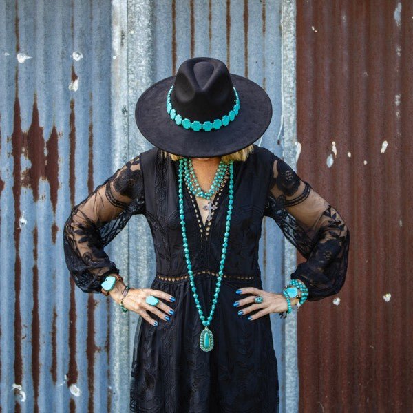 Long Western Turqu Necklace w Squash Blossom Penda