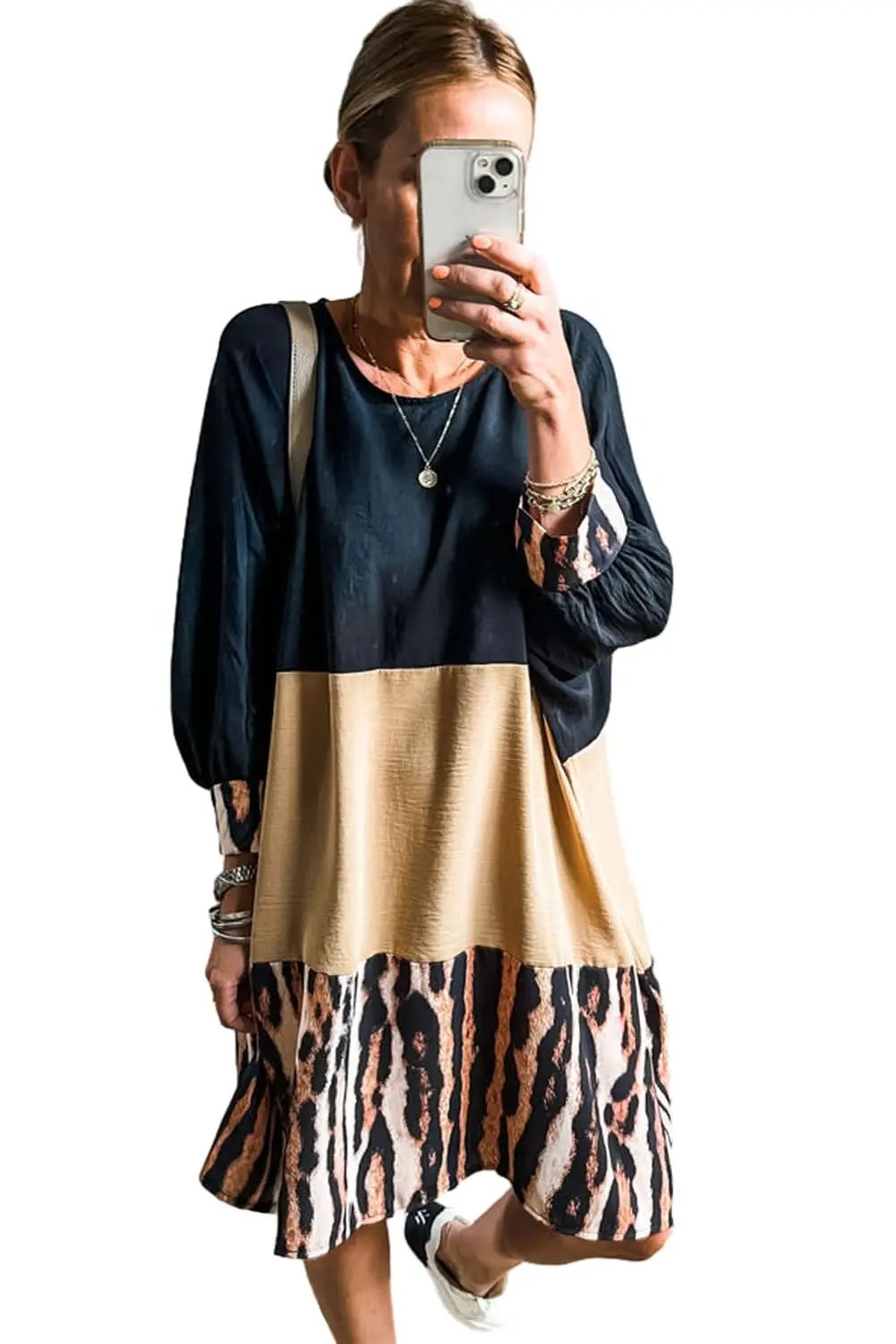 Mini Dress - Bishop Sleeves Colorblock - Khaki Tiger Print