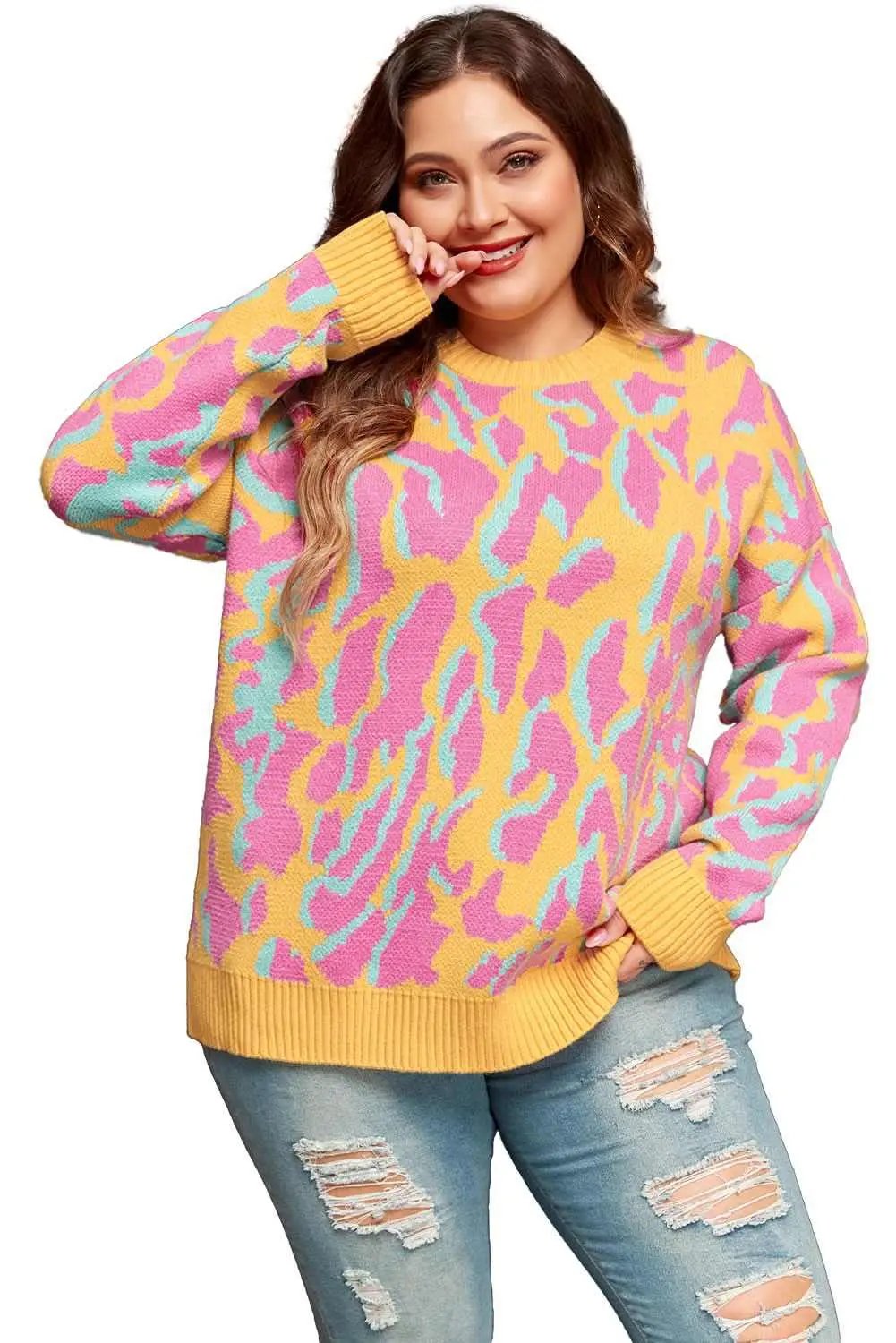 Love Salve Pink Leopard Plus Size Women's Sweater - Daily Winter Style, Comfy Fit