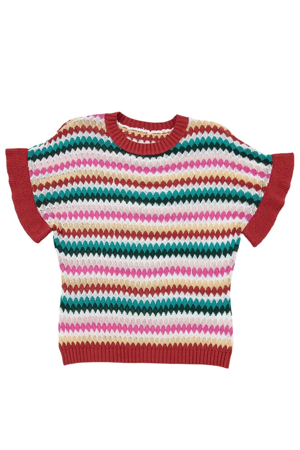 Love Salve Fiery Red Trimmed Ruffle Sleeve Colorful Textured