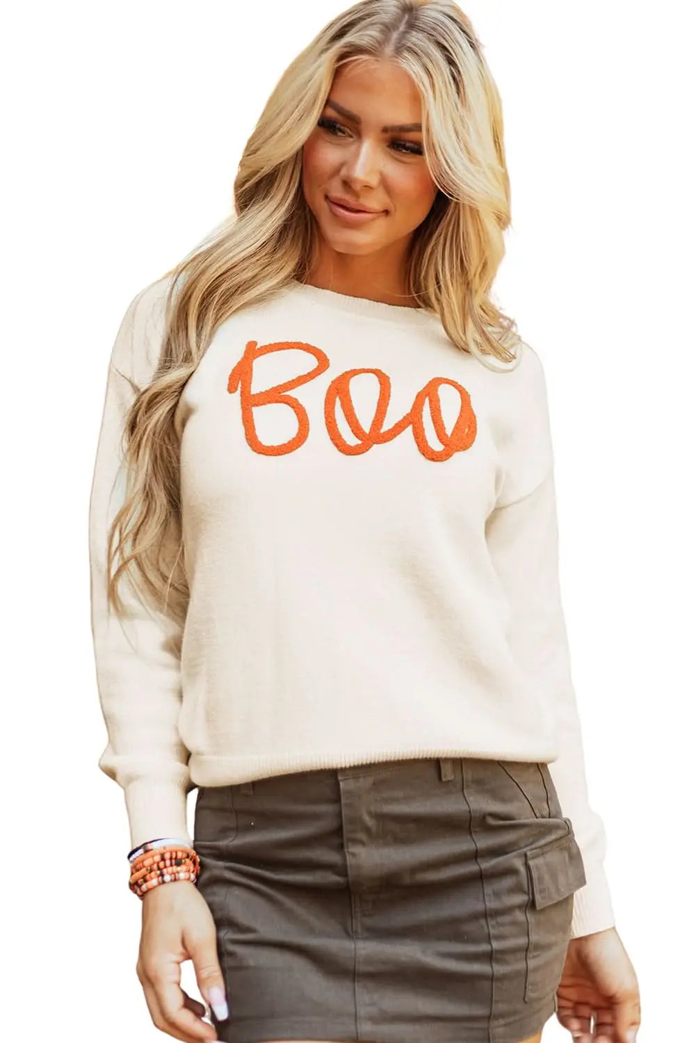 Women's Sweater - "Boo" Letter Print Apricot - Fall Casual Pullover