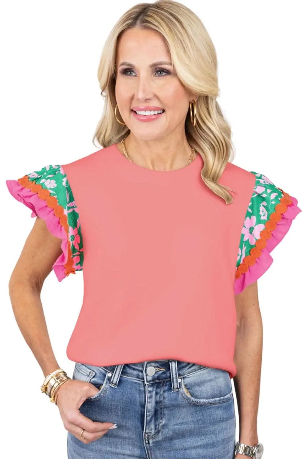Love Salve Peach blossom floral top with ricrac