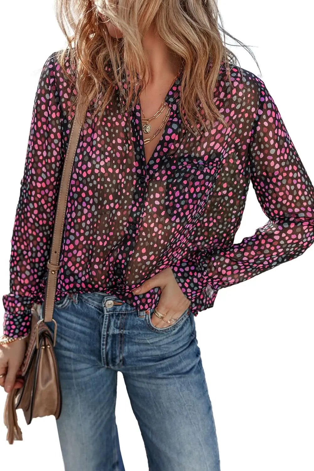 Love Salve Grape Wine Polka Dot Printed Buttoned Casual Shirt