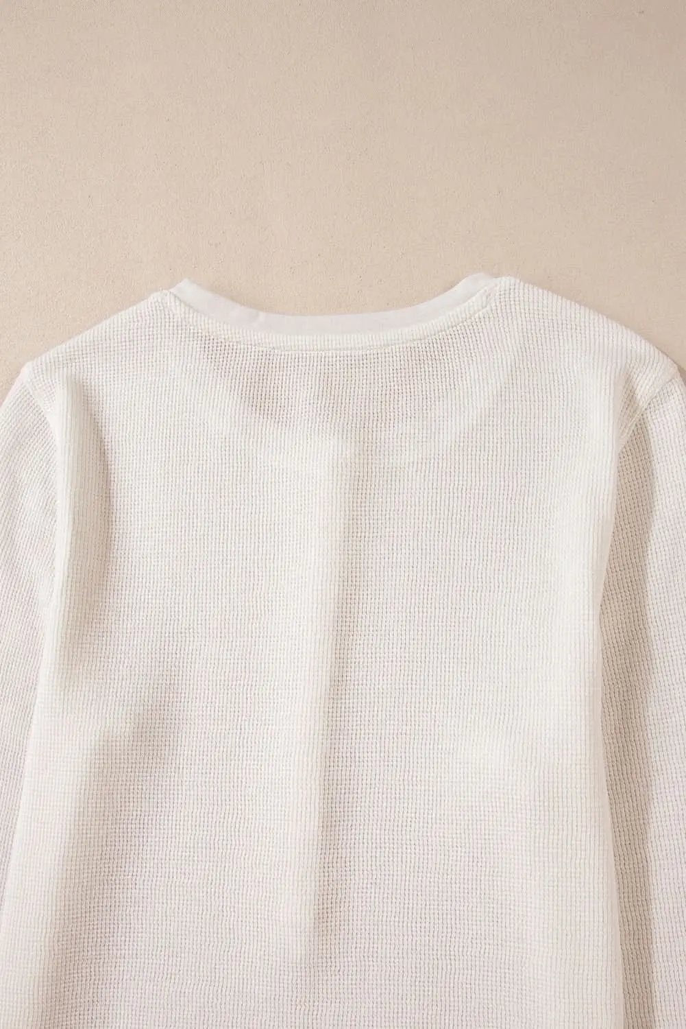 Love Salve White Solid Color Waffle Half Button Long Sleeve T