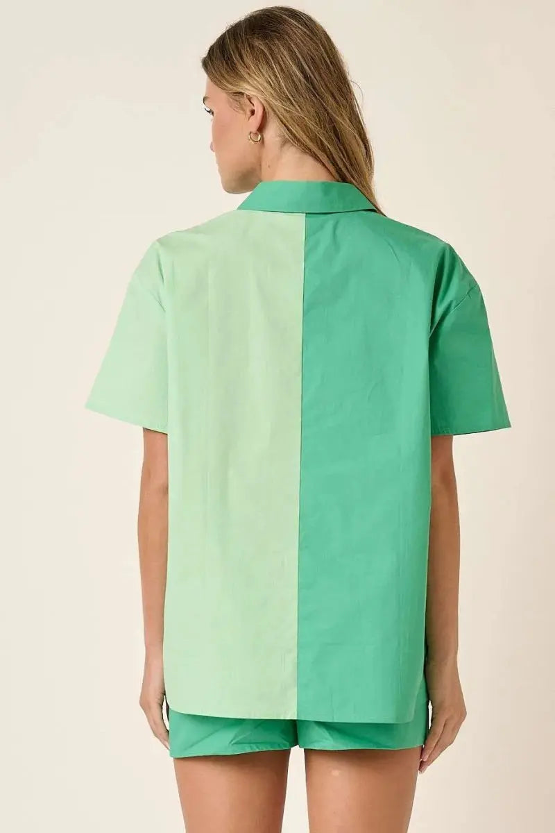 Women's Two-Piece Set - Color Block - Casual Shirt & Shorts