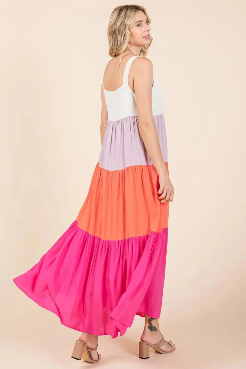 Trendsi Color Block Maxi Dress Women's Casual Tiered Long Dress Comfortable, USA Ship