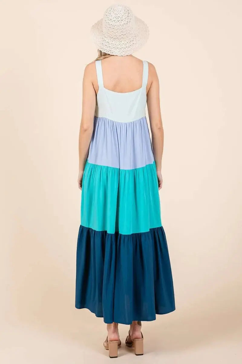 Trendsi Color Block Maxi Dress Women's Casual Tiered Long Dress - Flowy & Comfy