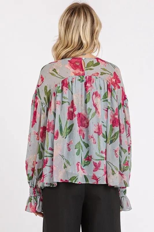 Blouse - Floral Flounce Sleeve - Casual Round Neck