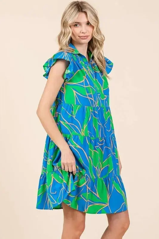 Trendsi Leaf Print Mini Dress Women's Summer Casual Ruffle Sleeve Tiered Dress
