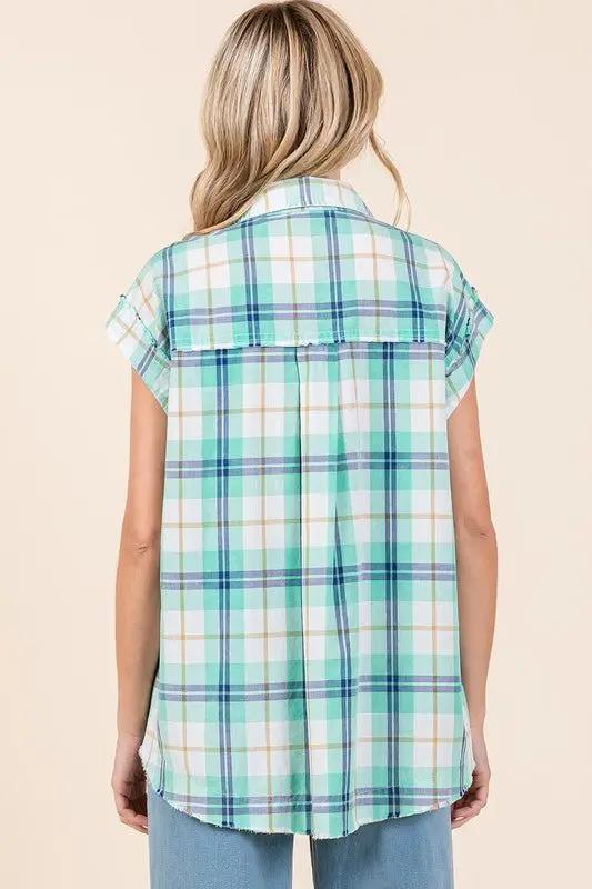 Trendsi Mineral Wash Plaid Women's Button Down Shirt Casual, Comfortable