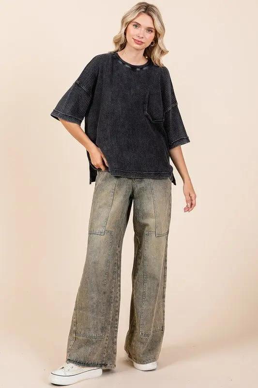 Trendsi Mineral Wash Top Women's Casual Waffle Knit Tee - Soft & Comfy