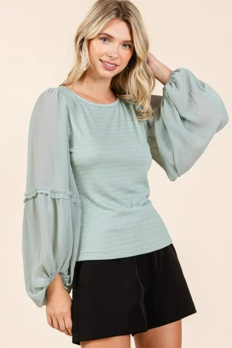 Women's Long Sleeve Top - Knit Chiffon - Textured Mixed Media