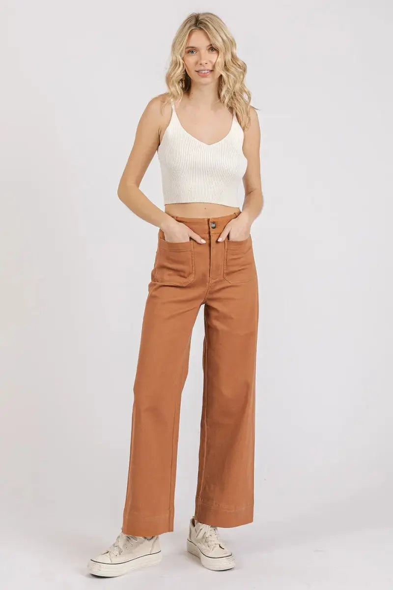 Trendsi Twill Pants Women's High Rise Wide Leg Casual Bottoms USA Ship