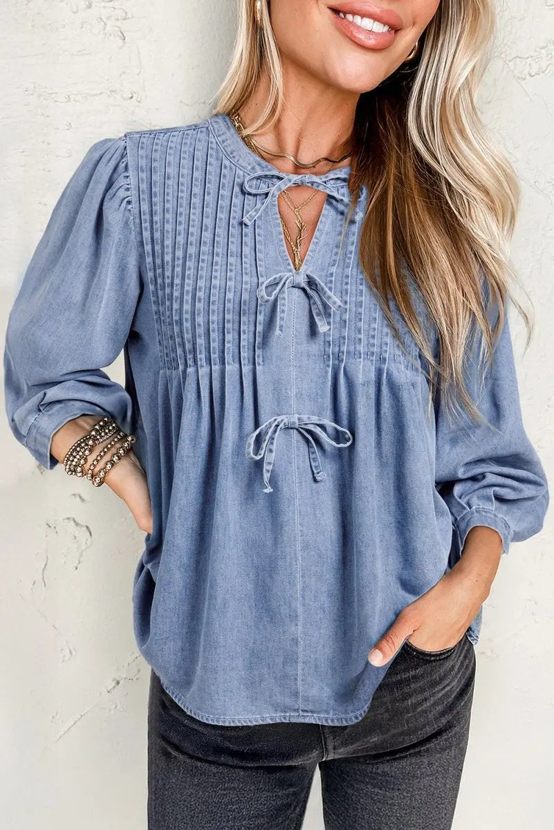 Love Salve Denim Top Women's Daily Wear Blouse Pintuck Bow Puff Sleeve Spring