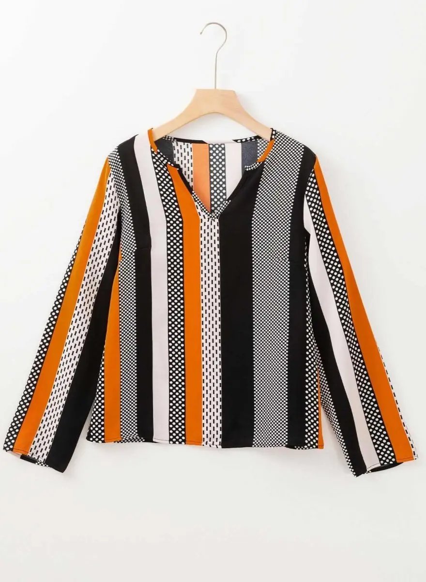 Love Salve Orange Geo Blouse Women's Daily Wear Top V Neck Colorblock Modern