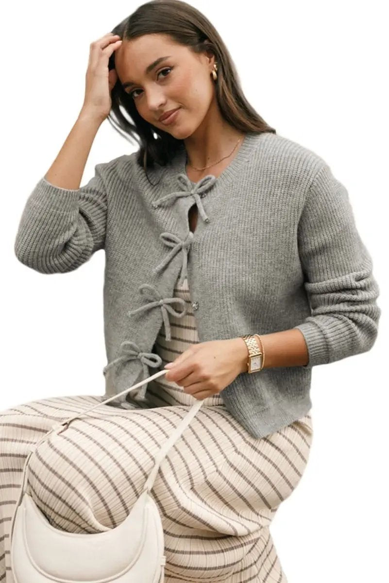 Love Salve Gray Ribbed Knit Women's Cardigan Bow Front Elegant Knitwear