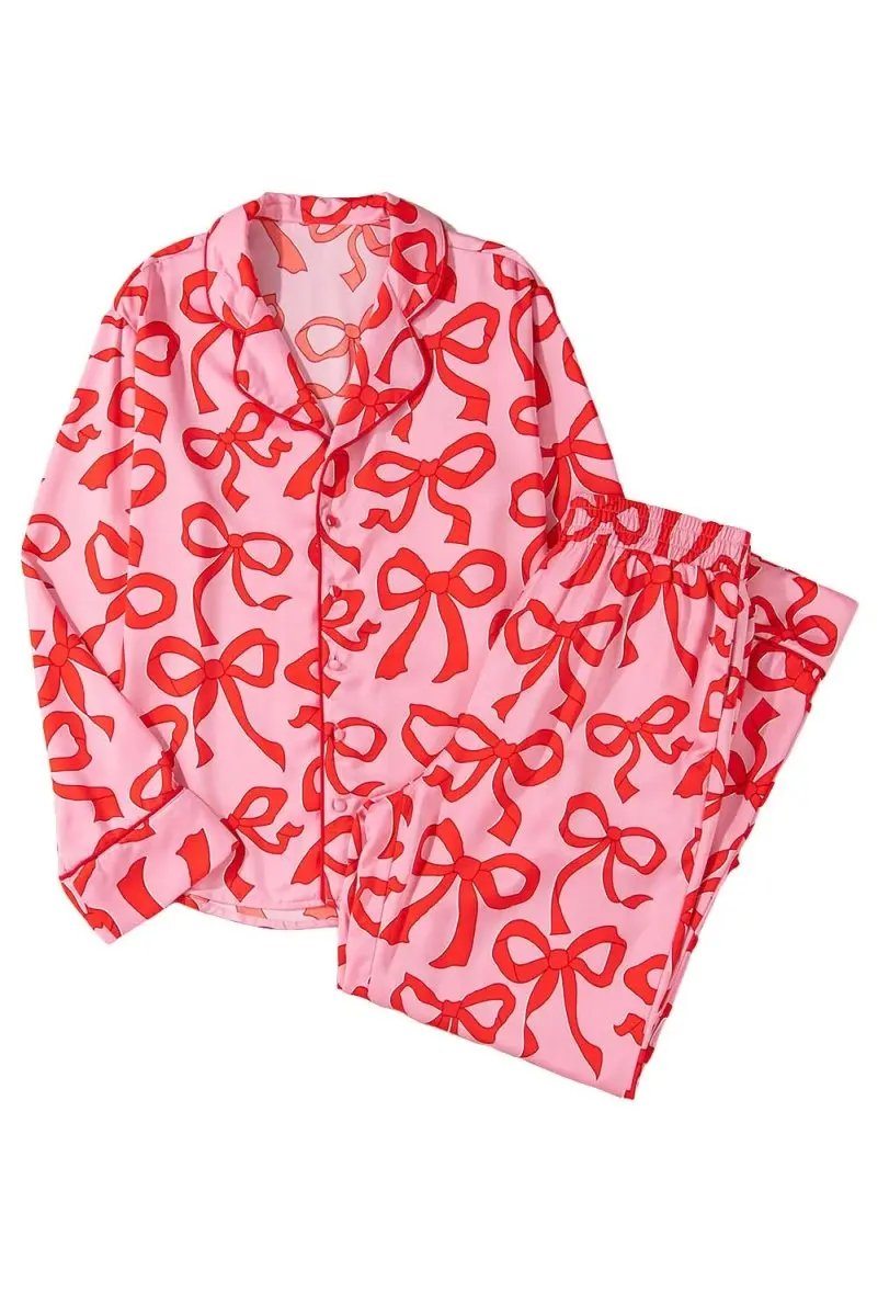 Love Salve Pink Bow Pajama Set Women's Loungewear Southern Belle Style Long Sleeve Sleepwear