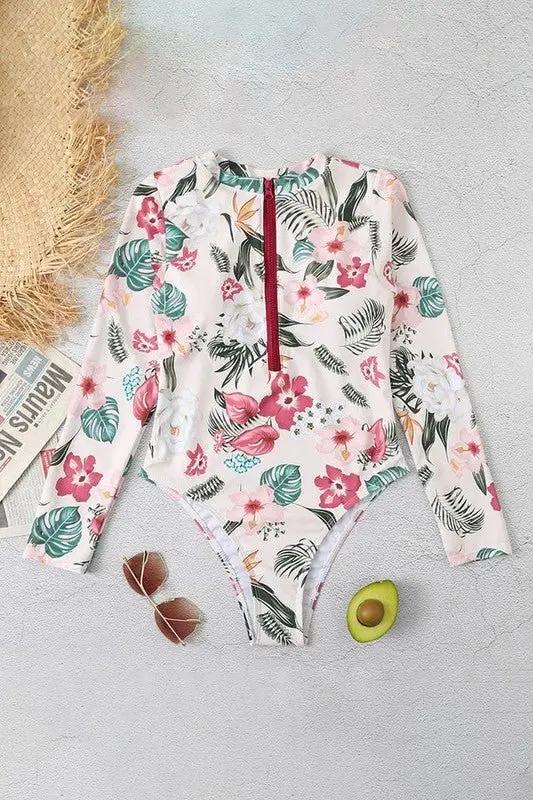 Rash Guard Swim Shirt - UPF50+ Sun Protection - Pink Floral Long Sleeve