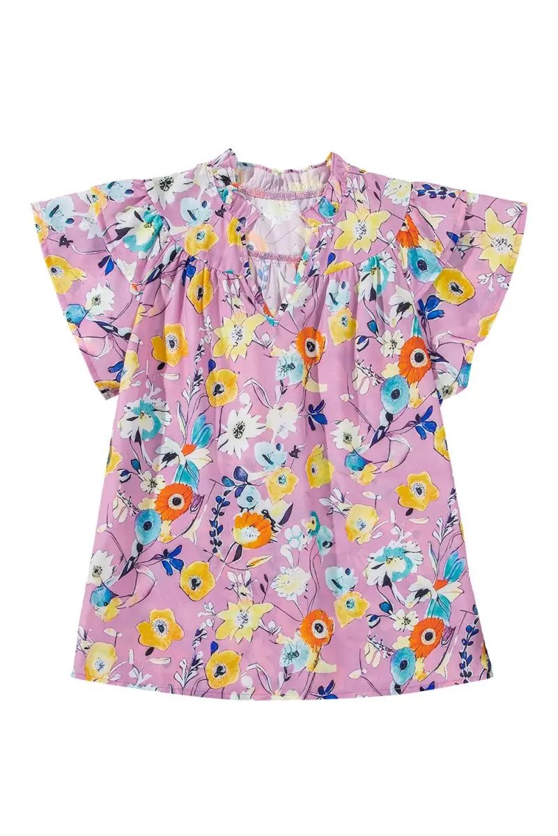 Women's Pink Floral Blouse - Flutter Sleeves - Southern Belle Style