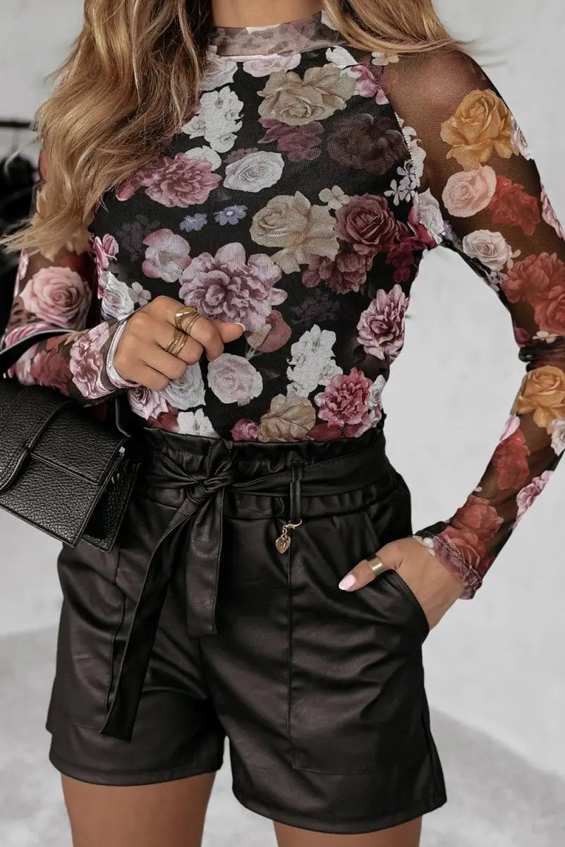 Love Salve Pink Floral Mesh Top Women's Spring Fashion Long Sleeve Sheer Tee