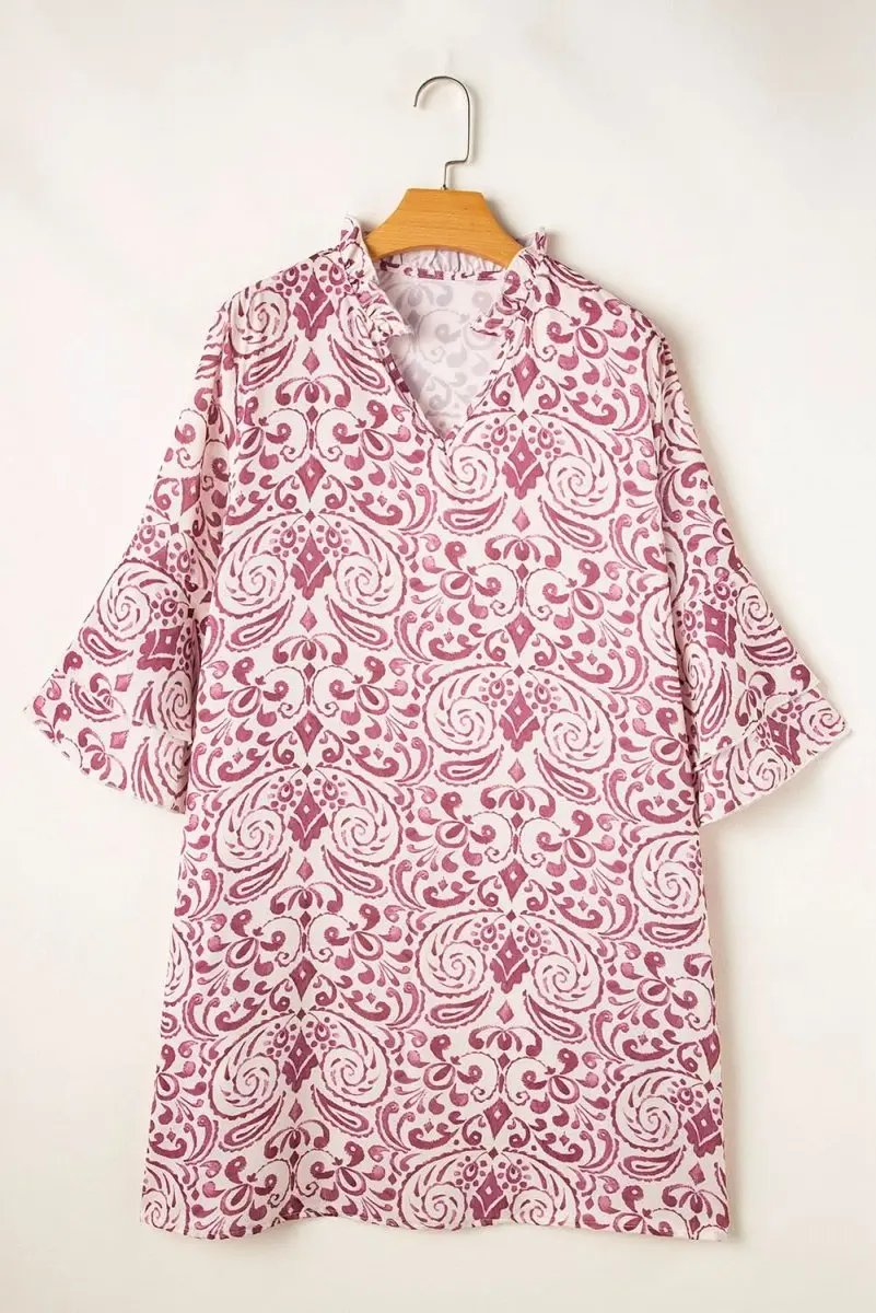 Mini Dress - Pink Paisley - A-Line Bohemian Vacation Style