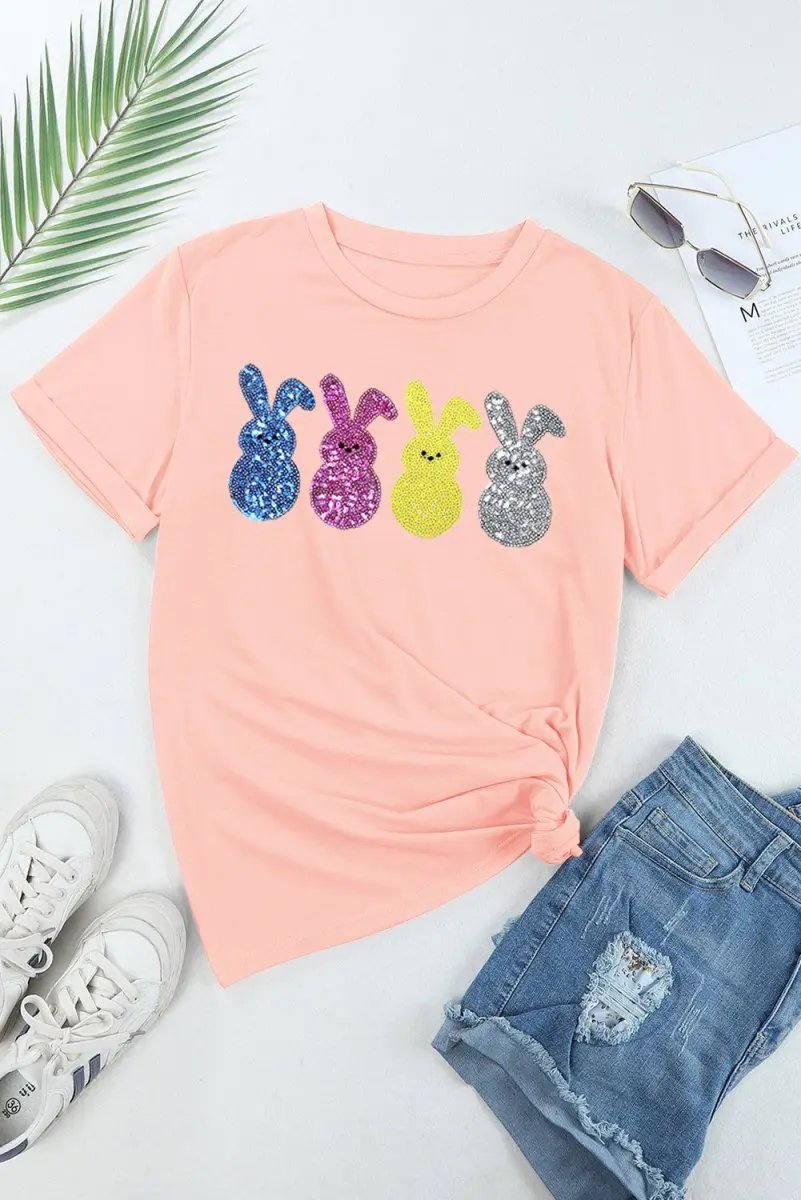 Love Salve Pink Sequin Bunny Easter Women's Fashion Tee Shirt - Cute & Spring Wardrobe