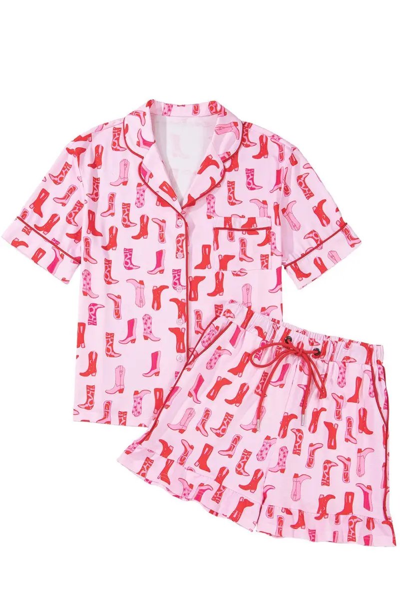 Love Salve Pink Cowgirl Print Set Women's Western Outfit Ruffled Shorts Shirt