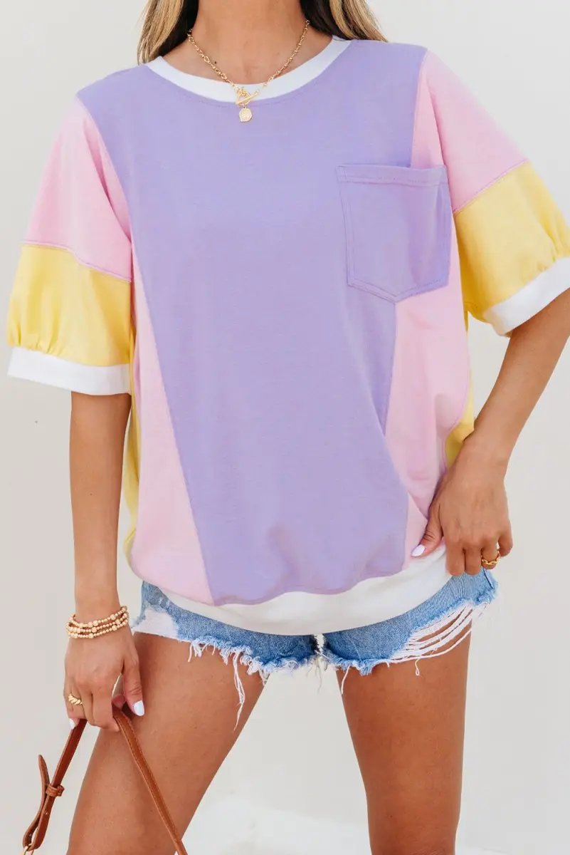 Love Salve Purple Patchwork Oversized Tee Women's Daily Half Sleeve T-Shirt | Comfy Southern Belle Style