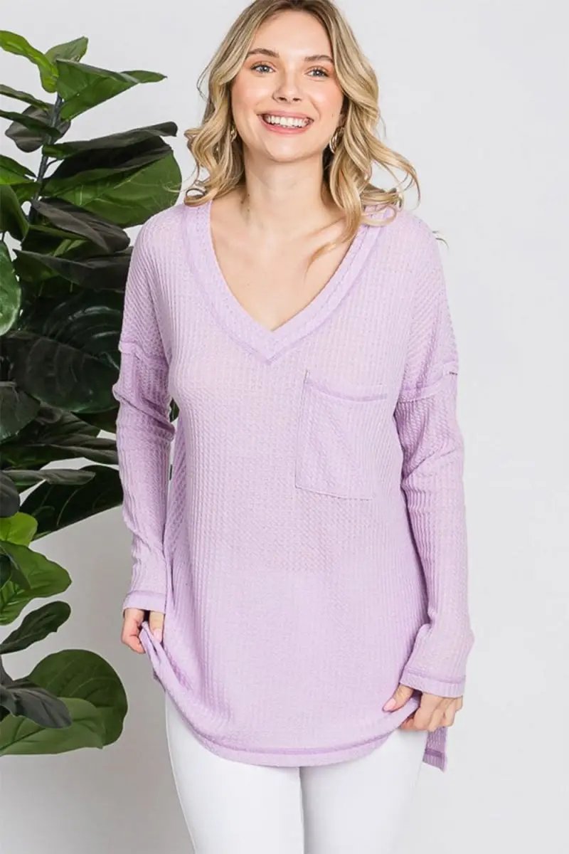 Women's Long Sleeve Tee - Waffle Knit - Soft & Comfy V-Neck