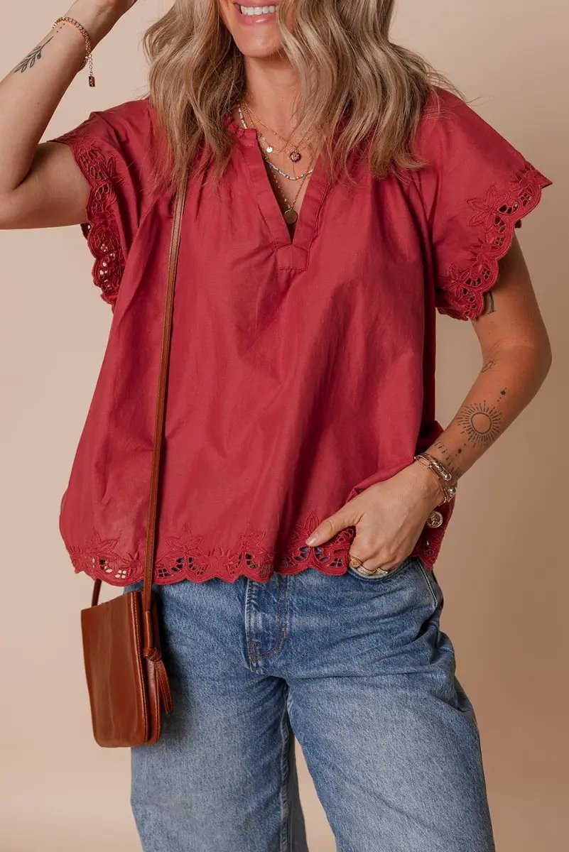 Women's Blouse - Red Floral Embroidery & Scallop Trim - Cute Daily Top