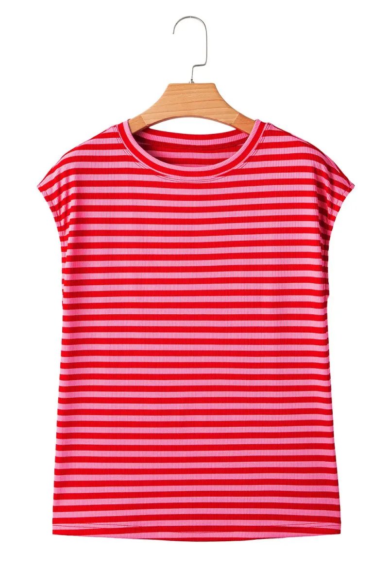 Love Salve Red Stripe Ribbed Tee Women's Daily Casual Top: Soft & Stylish