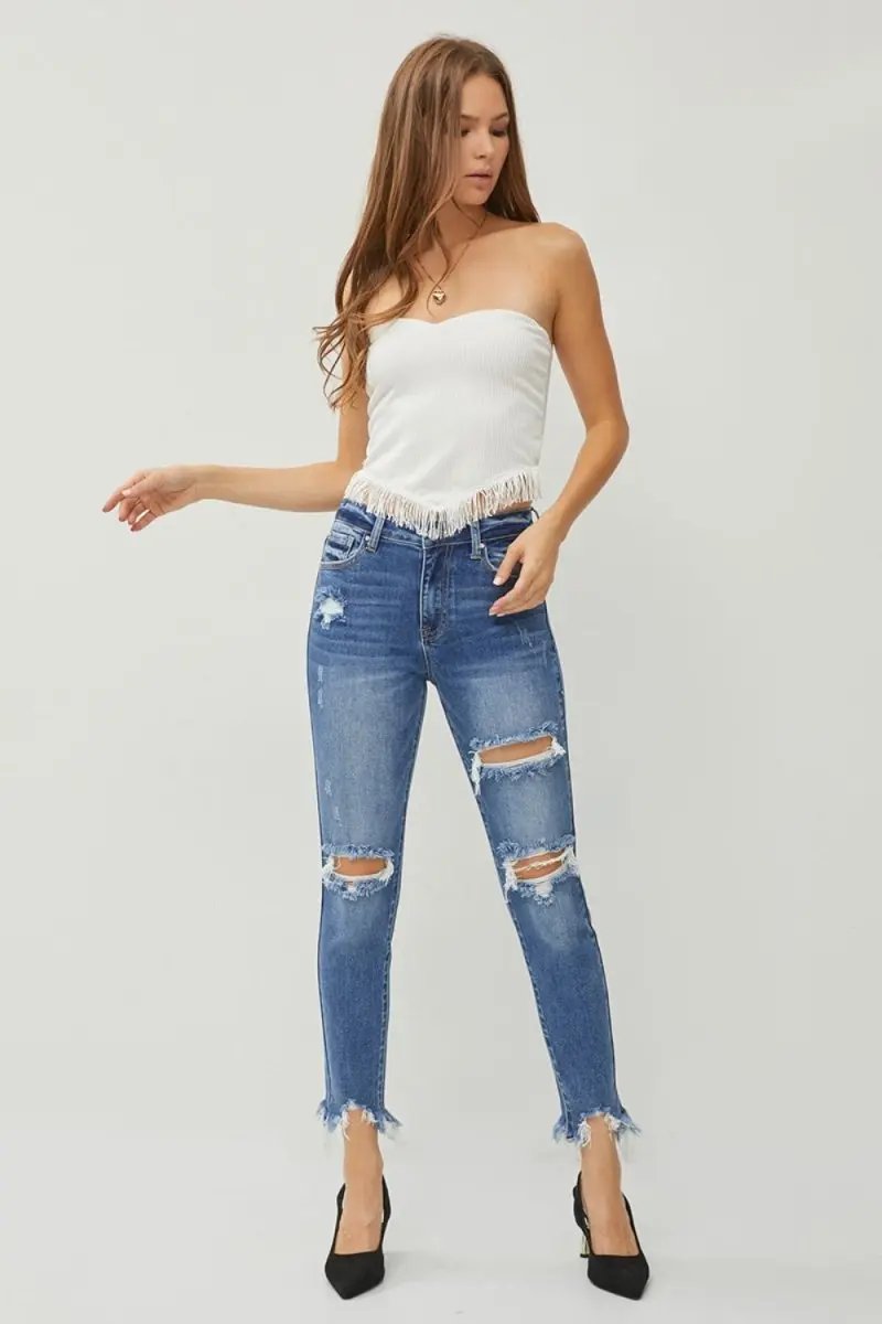 Trendsi RISEN Slim Jeans Women's Everyday Denim Distressed Hem Trendy Style
