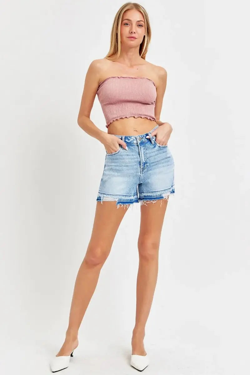 Denim Shorts - High Rise Distressed Hem - Casual Summer
