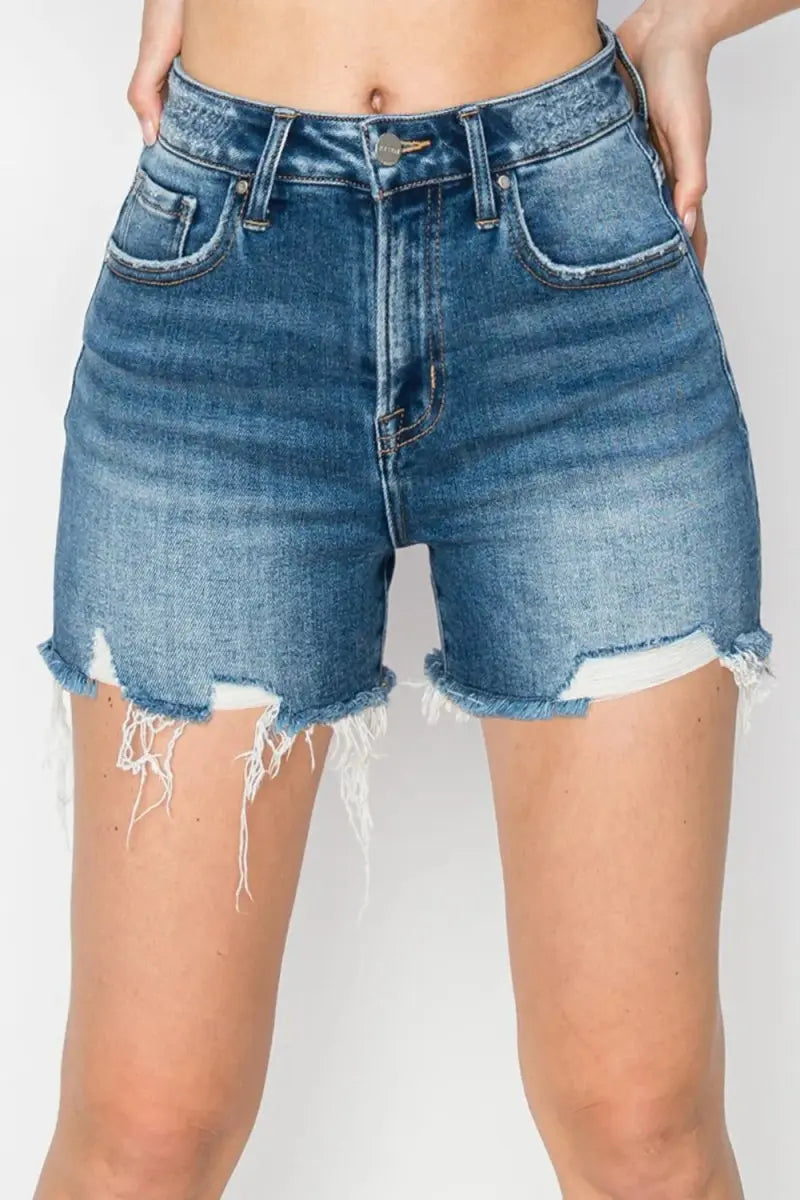 Denim Shorts - High Rise Distressed Raw Hem - Women's Casual