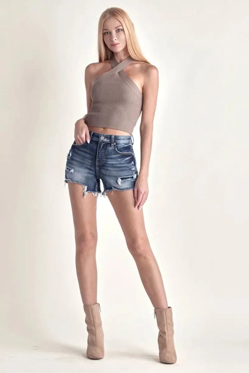 Denim Shorts - Mid Rise Raw Hem - Casual Summer