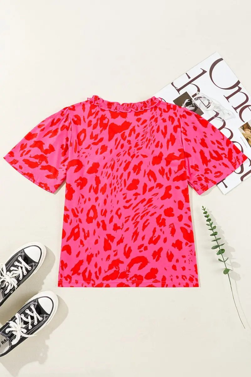 Love Salve Rose Leopard V-Neck Women's Blouse Daily Wear Top - Frilly & Short Sleeve