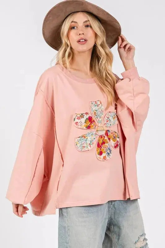 Trendsi Flower Patch Top Women's Casual Oversize Tee Dropped Shoulder USA Ship