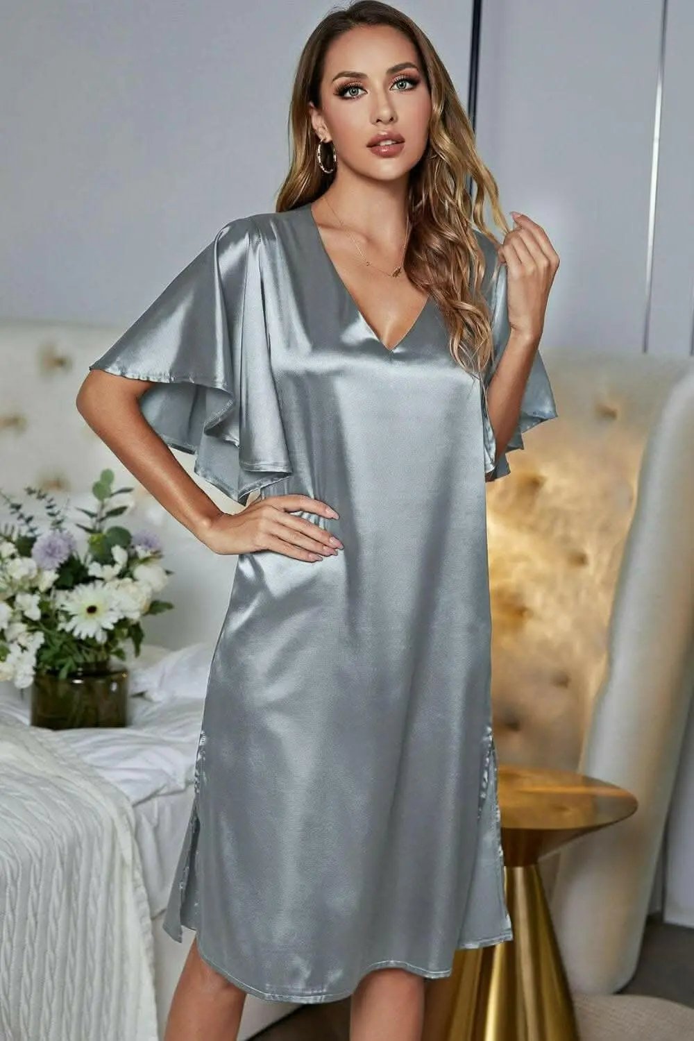 Satin Nightgown - V-Neck Flutter Sleeve - Elegant Sleepwear