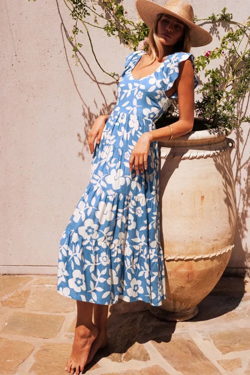 Love Salve Sky Blue Floral Vacation Dress Women's Flowy Tiered Summer Dress