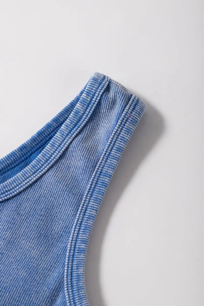 Ribbed Tank Top - Mineral Wash Notch Neck - Sky Blue Casual