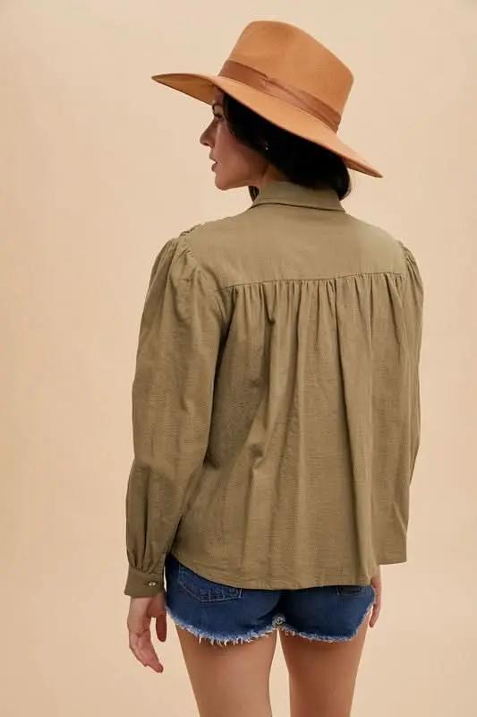 Trendsi Smocked Babydoll Blouse Women's Cute Long Sleeve Top Comfy Fit