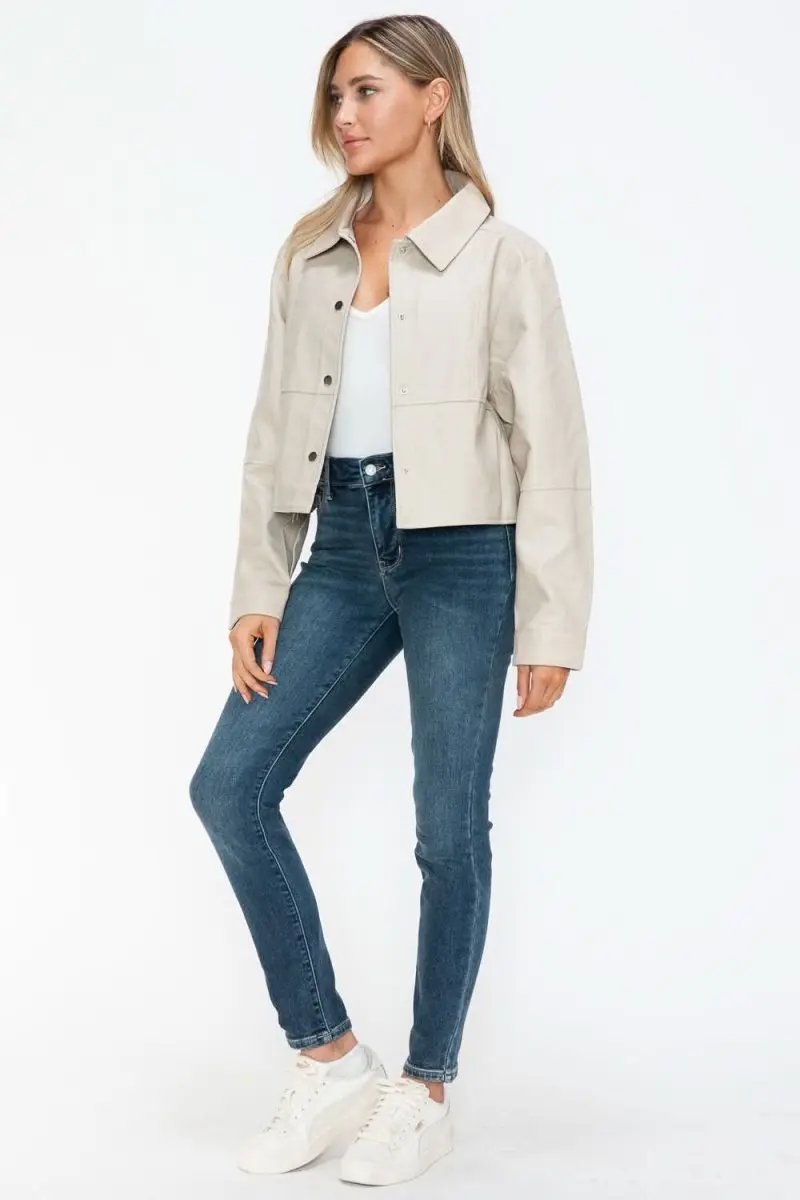 Trendsi PU Leather Jacket Women's Snap Down Long Sleeve Outerwear Chic & Stylish