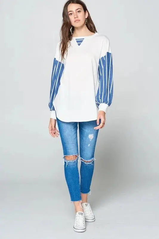 Women's Long Sleeve Top - Striped French Terry - Casual Soft & Comfy